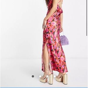 Topshop sz 10 Pink Floral Print Satin Slip Midi Dress